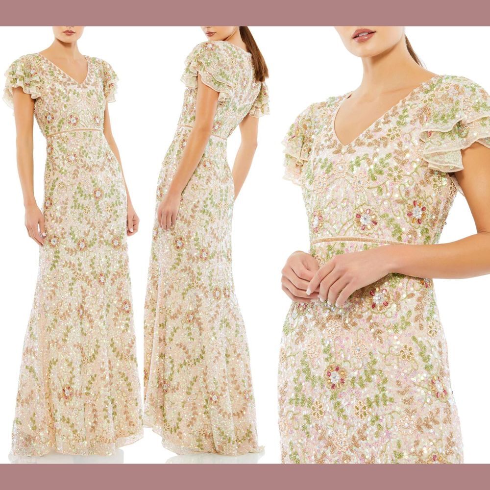 NEW $698 Mac Duggal [ 16 ] Embellished Ruffled Cap Sleeve V-Neck Gown Nude G1725